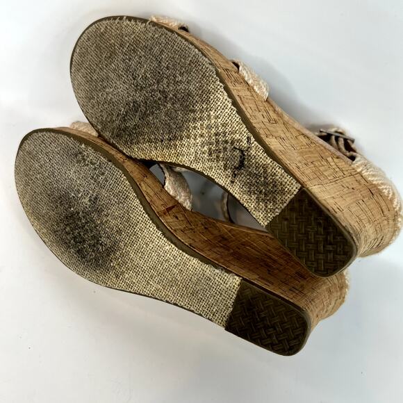 Toms Platform Cork Wedge Sandal Size 9.5 Strappy Canvas Beige Cream Espadrille - Picture 8 of 9